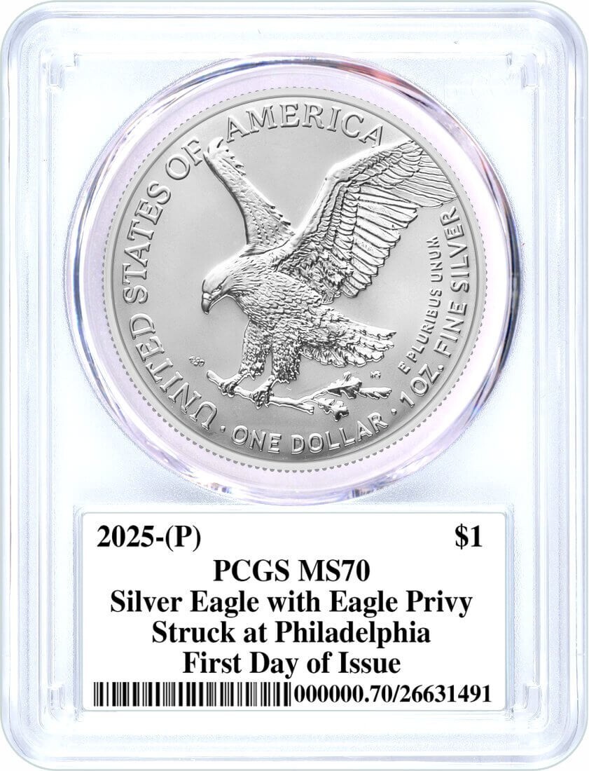 2025 (P) $1 1oz Silver Eagle with Eagle Privy PCGS MS70 FDOI Gibson Signed