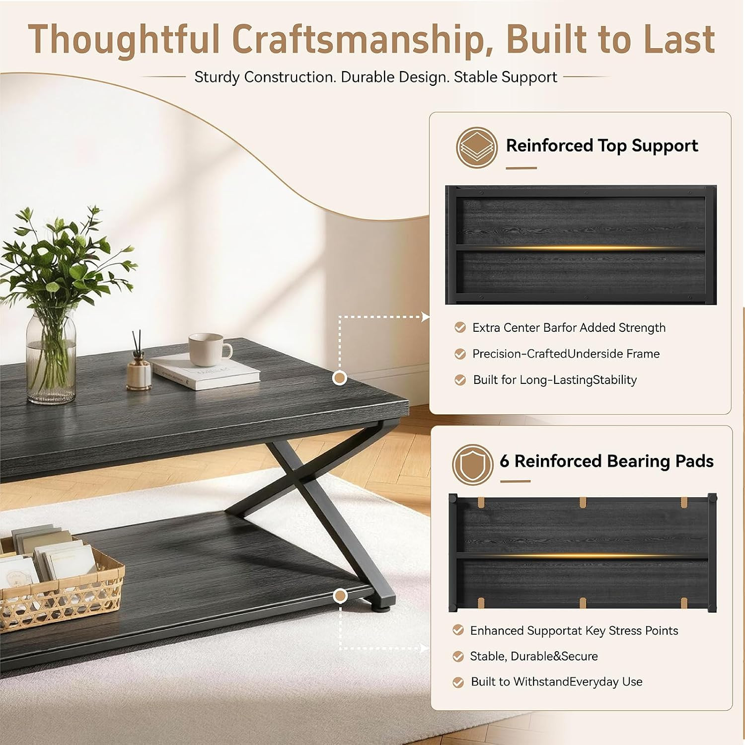 Coffee Table for Living Room, 2 Tier Rectangular Tea Table, Industrial Center Ta