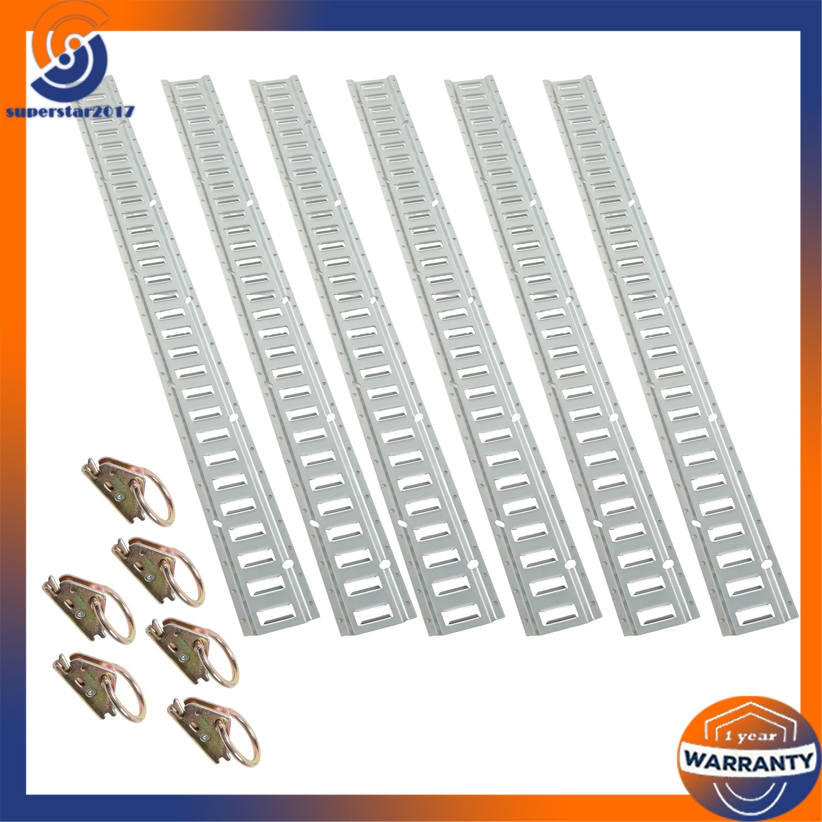 12PCS E-Track Tie-Down Rail Kit 6x 5ft Silver Galvanized Rails 6 O-Ring Anchors