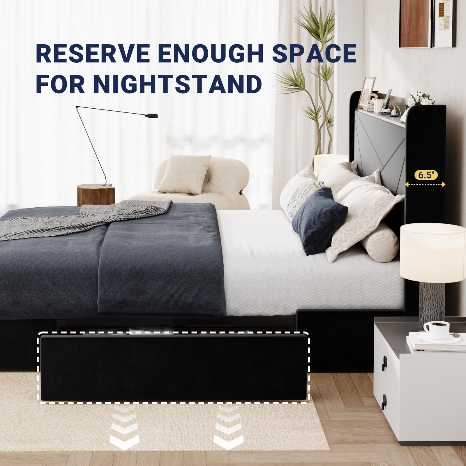 Full Size Velvet Bed Frame with 3 Storage Drawers, Upholstered Platform Bed w...