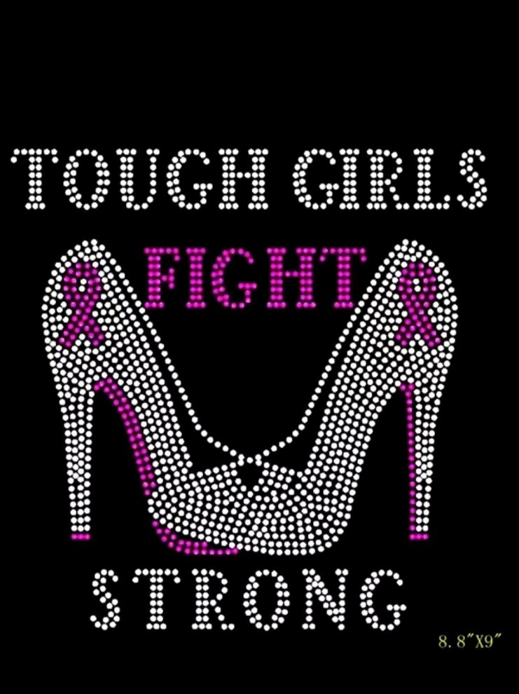 Tough Girls Fight Pink Breast Cancer Ribbon Iron on Rhinestone Transfer Bling