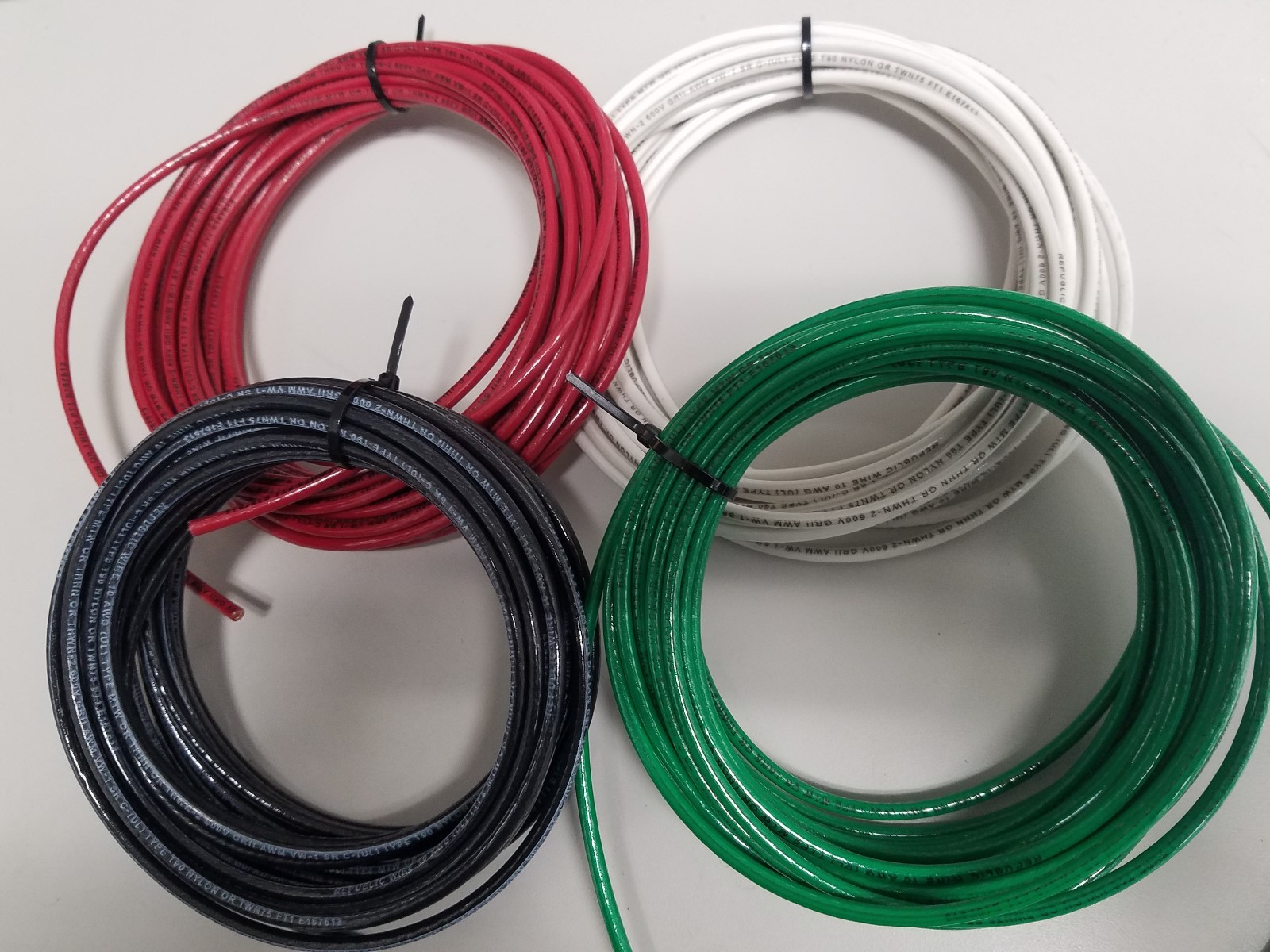 10 GAUGE THHN WIRE BLACK, RED, WHITE  GREEN 150 FEET EA THWN COPPER STRANDED