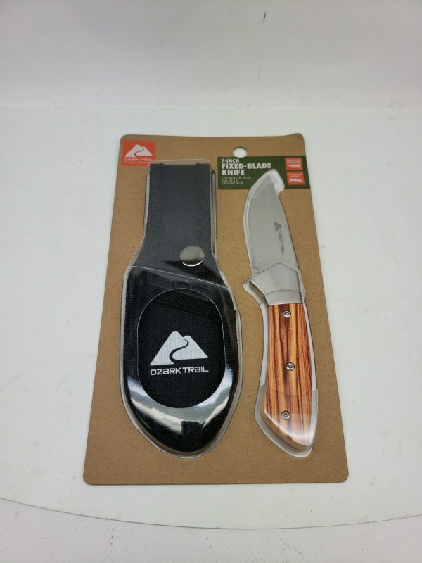 Ozark Trail 7" Fixed Drop Point Blade Knife Designer Handle Pocket Clip & Sheath
