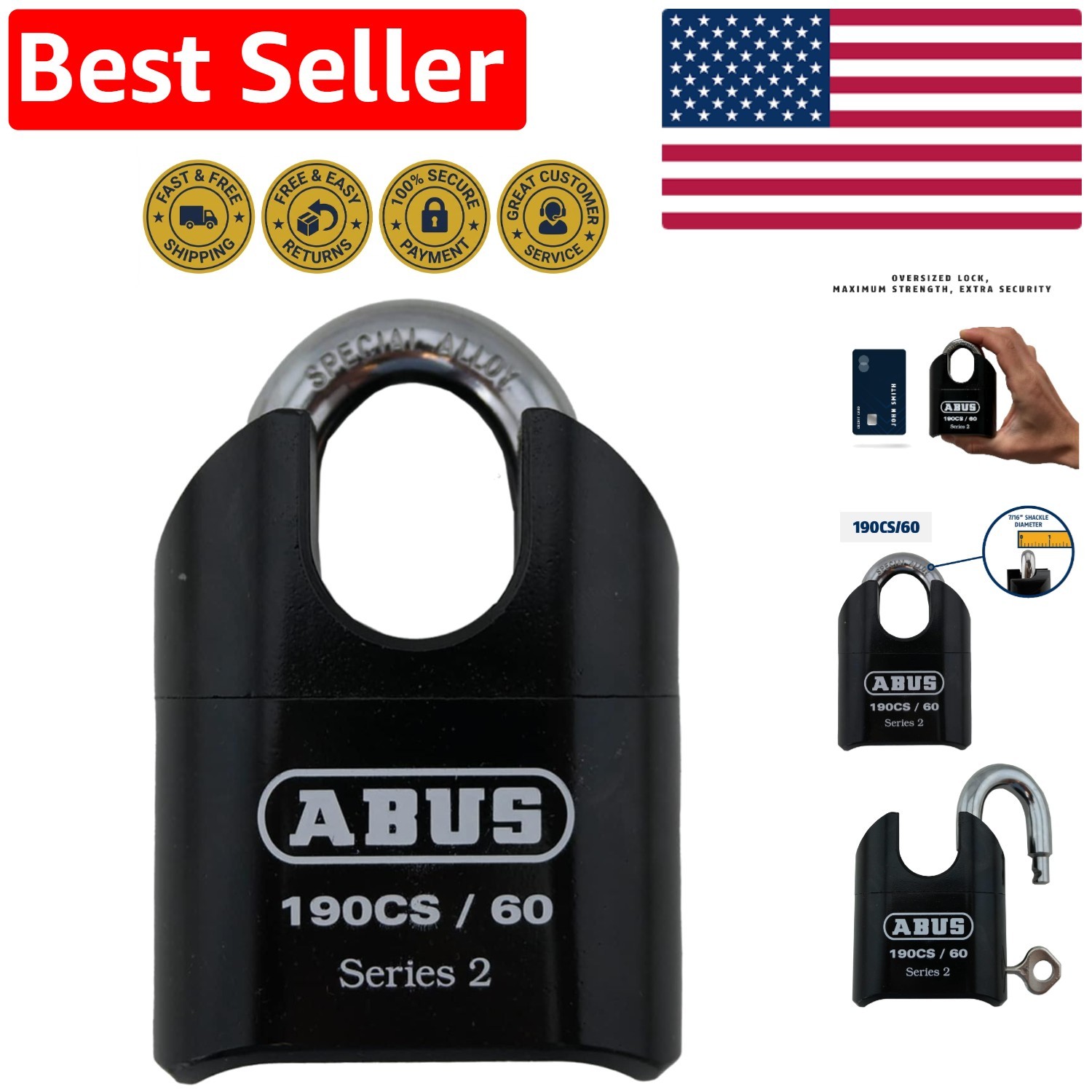 190CS/60 Heavy Duty Solid Steel Combination Padlock - Black, 4 Dial Security
