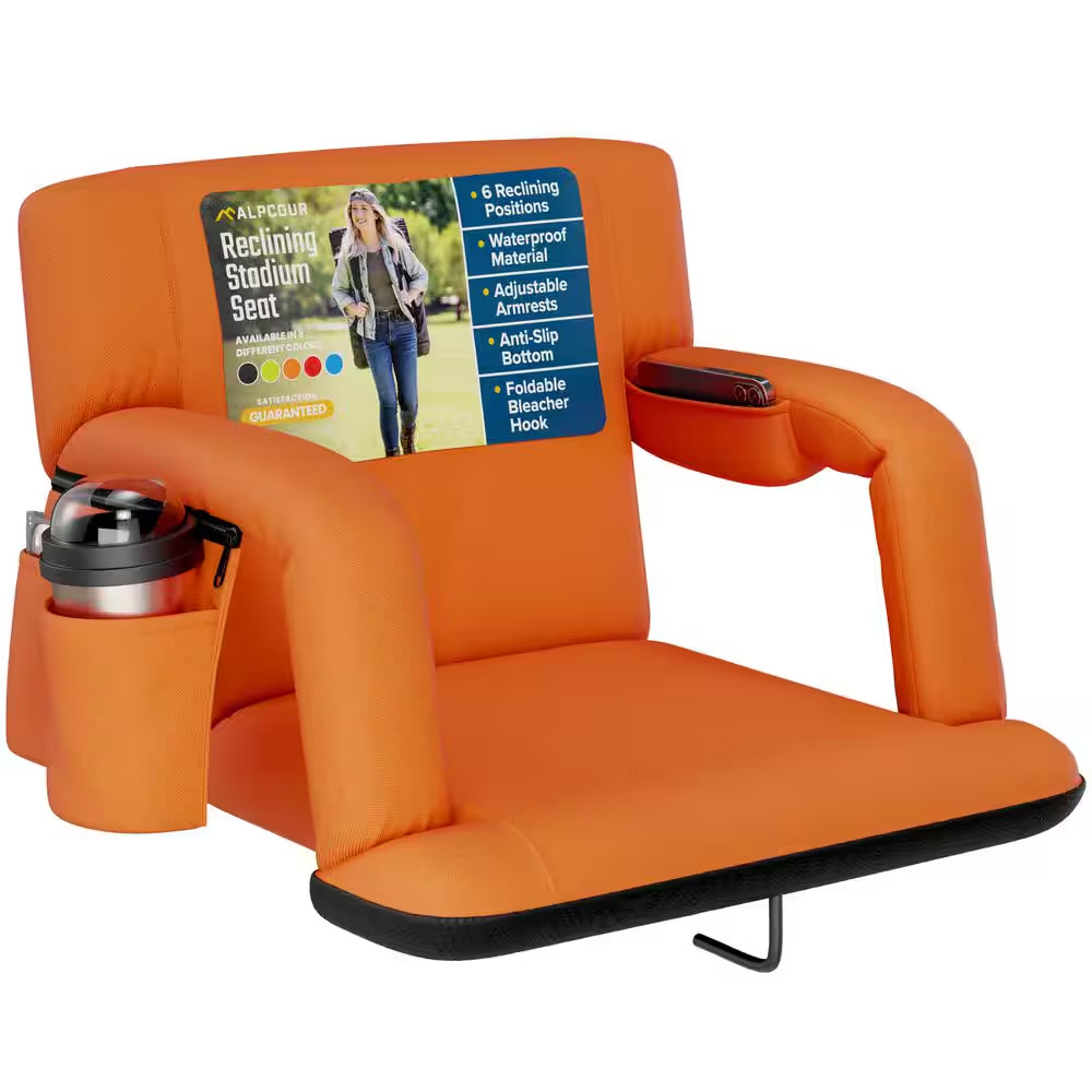 Reclining Stadium Seat - Wide Bleacher Chair W/Back Support, Cushion, Armrests a