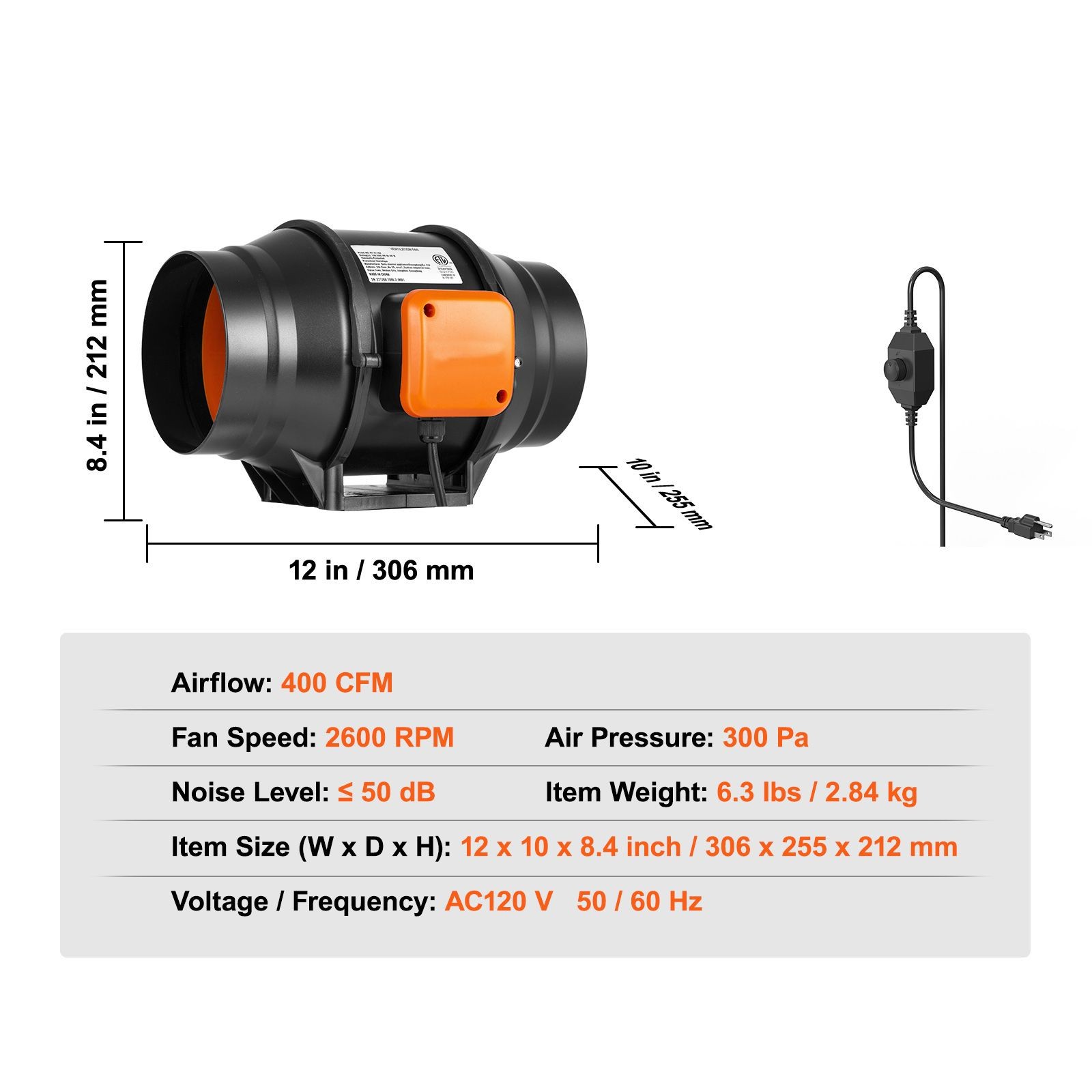 6-Inch 400 CFM Inline Duct Fan with Variable Speed, Quiet AC Motor