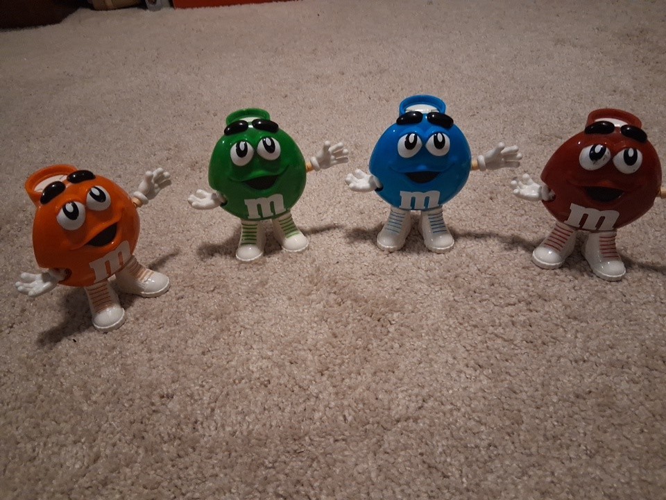 Set of 4 M&M Candy Dispensers – Blue, Green, Red, Orange Characters –Vintage Lot