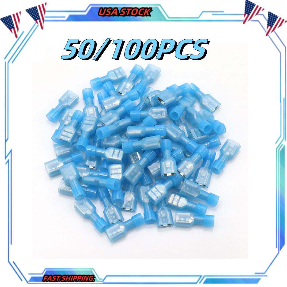 50/100x Blue Male Female Insulated Wire Terminal 16-14AWG Spade Crimp Connector