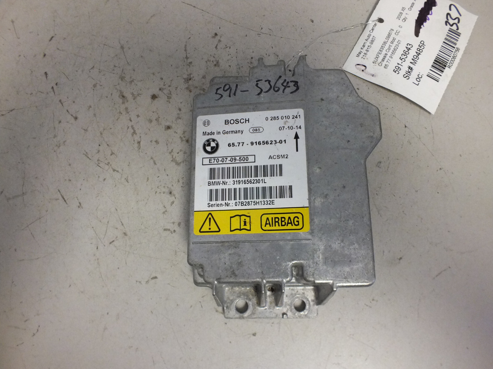 07 08 09 10 11 12 2008 2009 2010 BMW X5 SRS CONTROL MODULE 65.77-9165623 #337