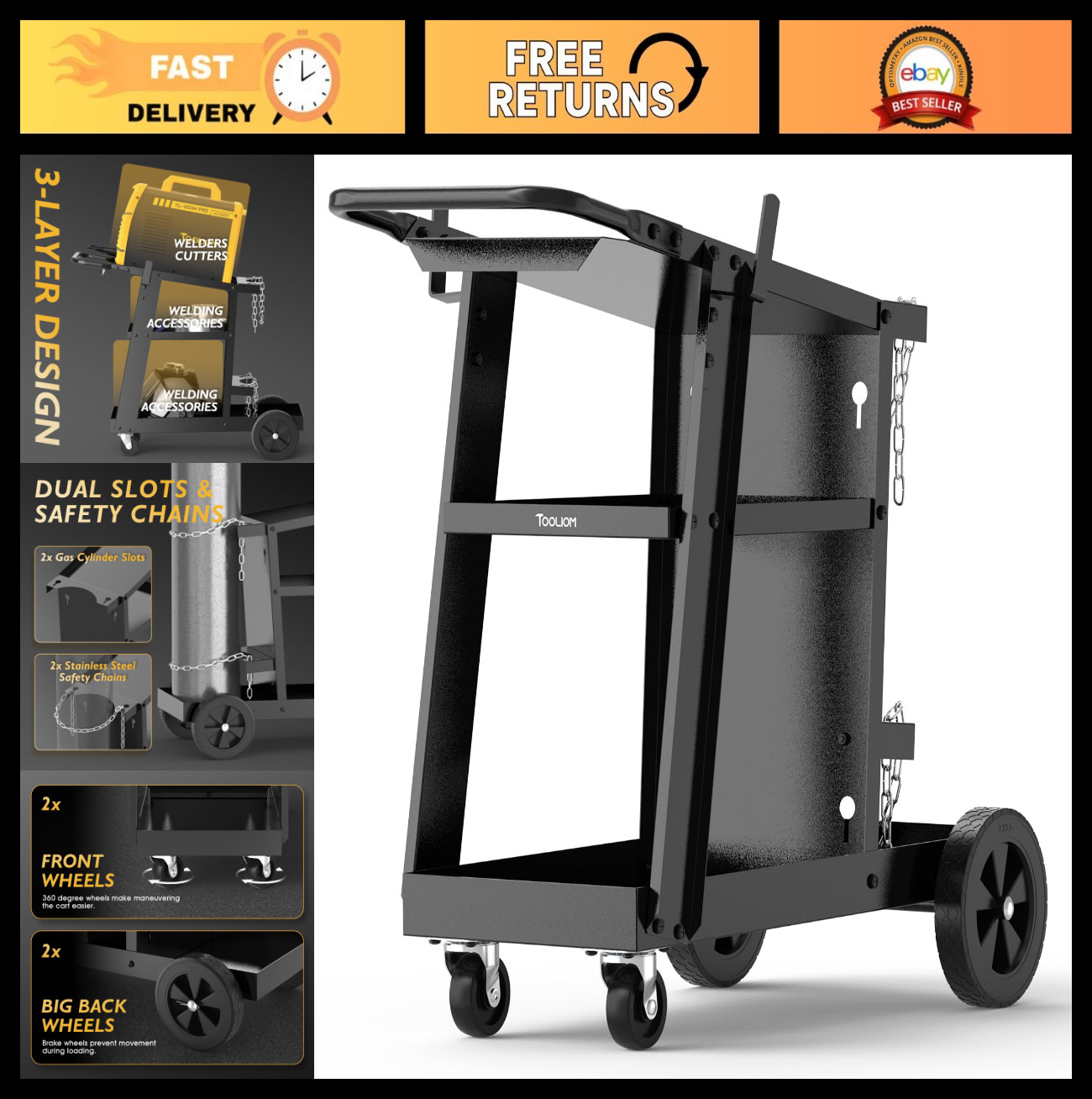 3-Tier Welding Cart with Tilted Top, 260 lb Capacity, Tool Storage & Easy Mobili