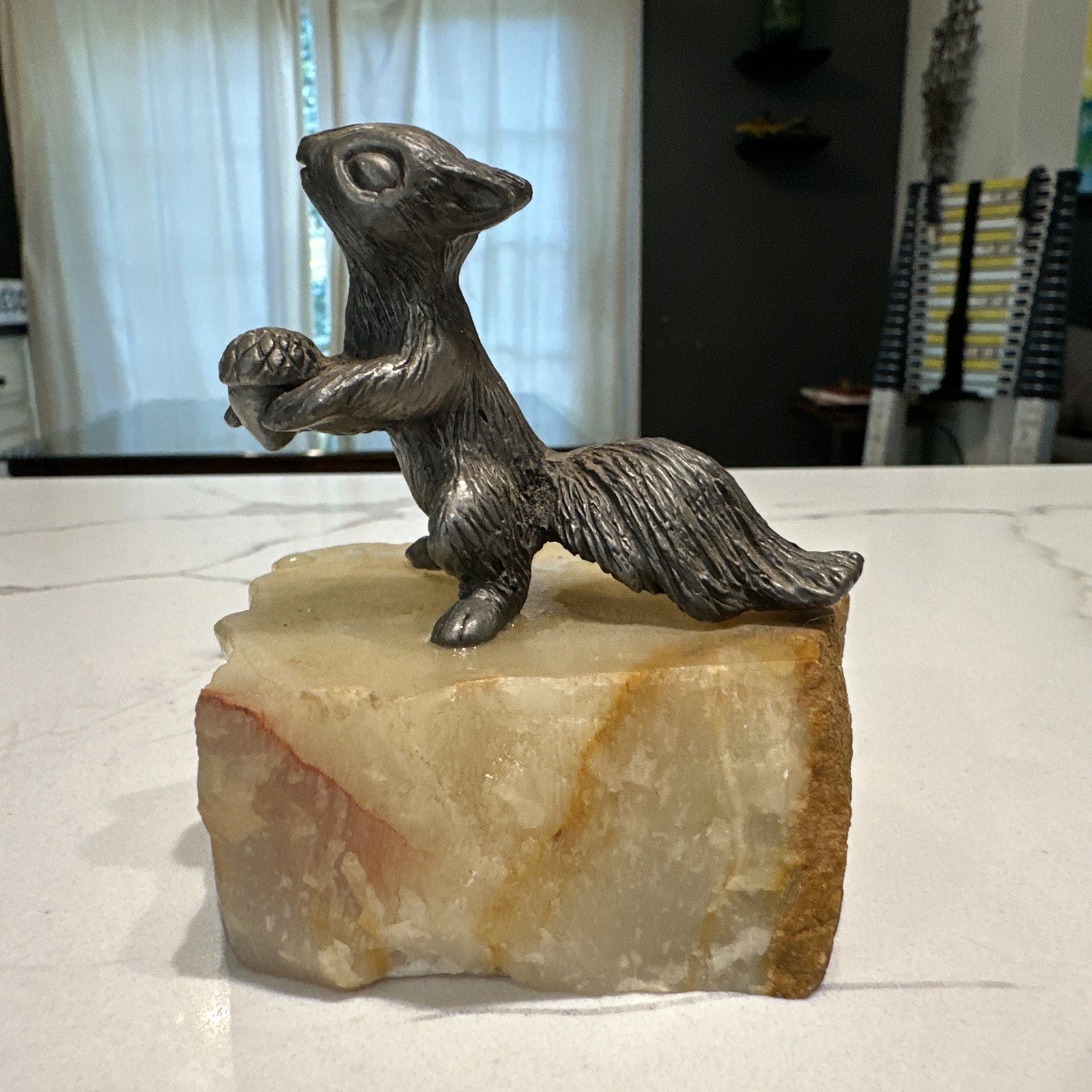 Vintage 70’s Marvin Wernick Metal Squirrel Figure Onyx Stone paperweight