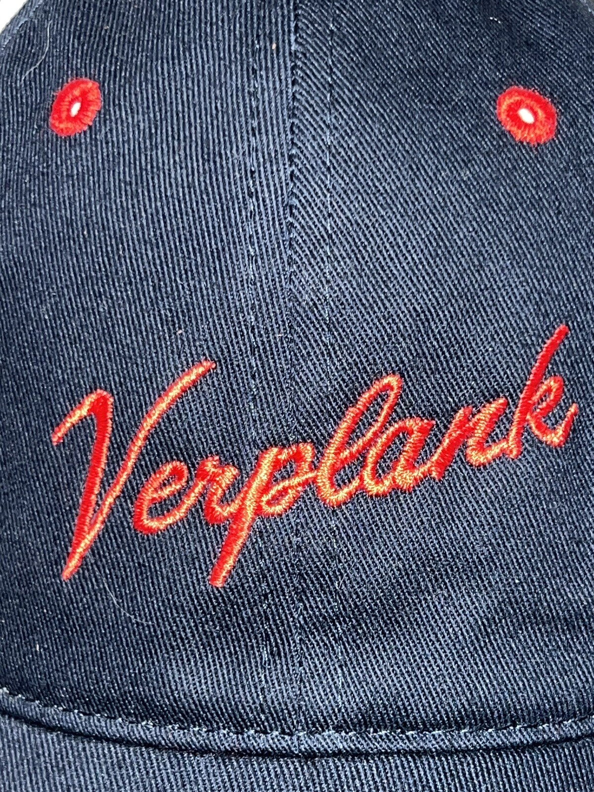 Verplank in Red Script on Navy Blue Hat Cap with White Red Accents EUC Hook Loop