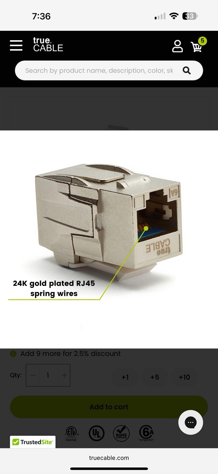 True Cable Cat6A Shielded Keystone Coupler | 12 Pieces