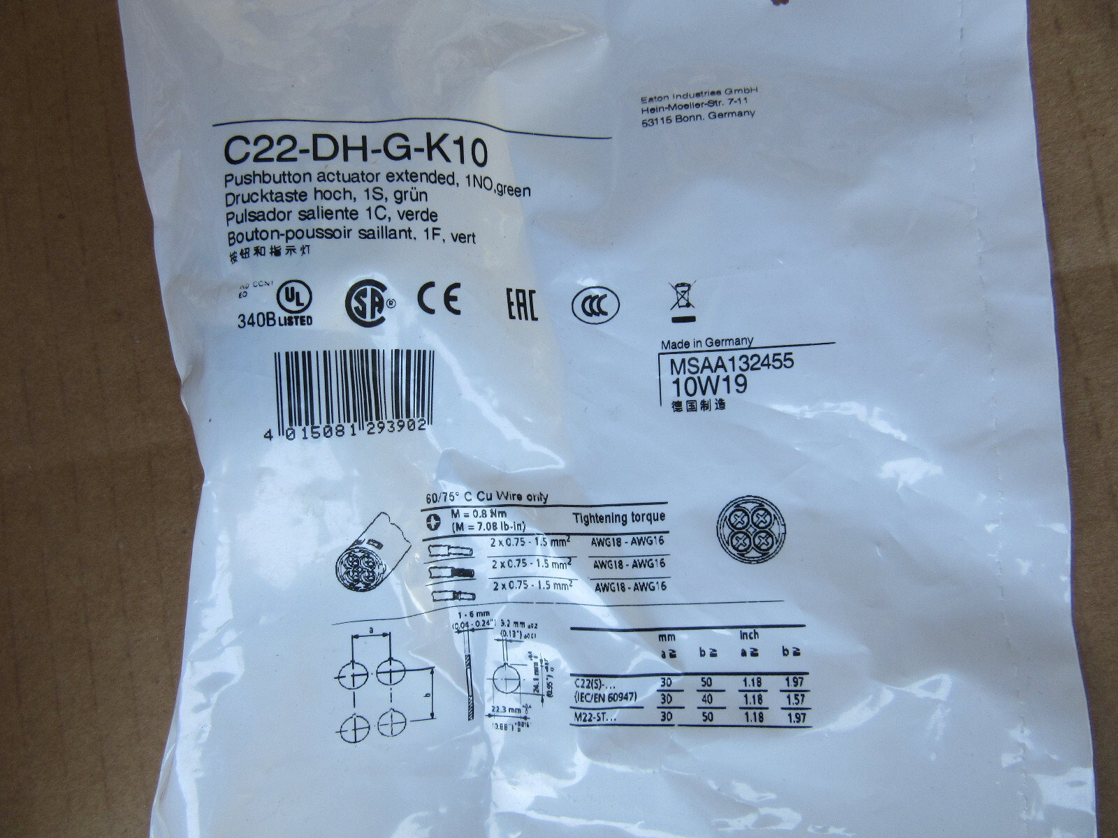 Eaton C22-DH-G-K10 Green Pushbutton 24/110/230VAC, 13-24VDC New Sealed Package
