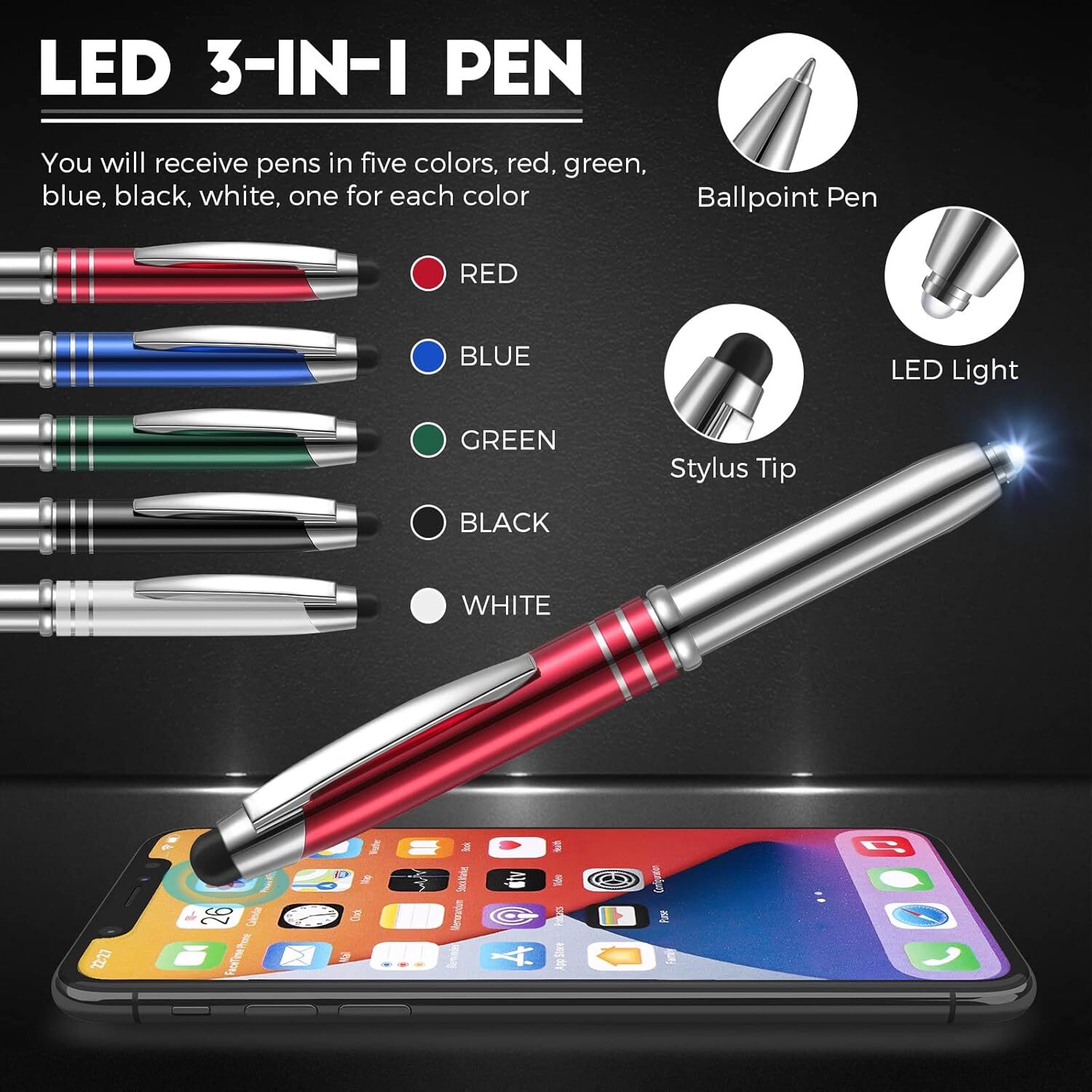 Paquete De 5 Boligrafo Con Linterna Led Y Funcion Tactil