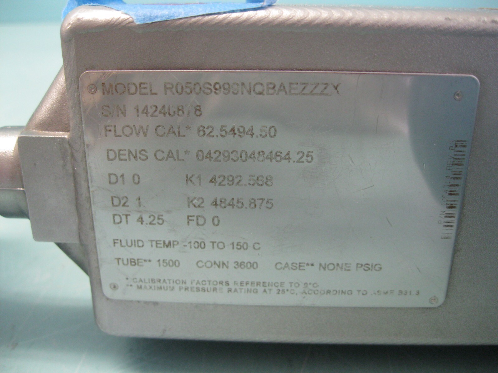 1/2" 150# Micro Motion R050 Mass Flow Sensor 2011 w/ 700 Core Processor CAL. B10