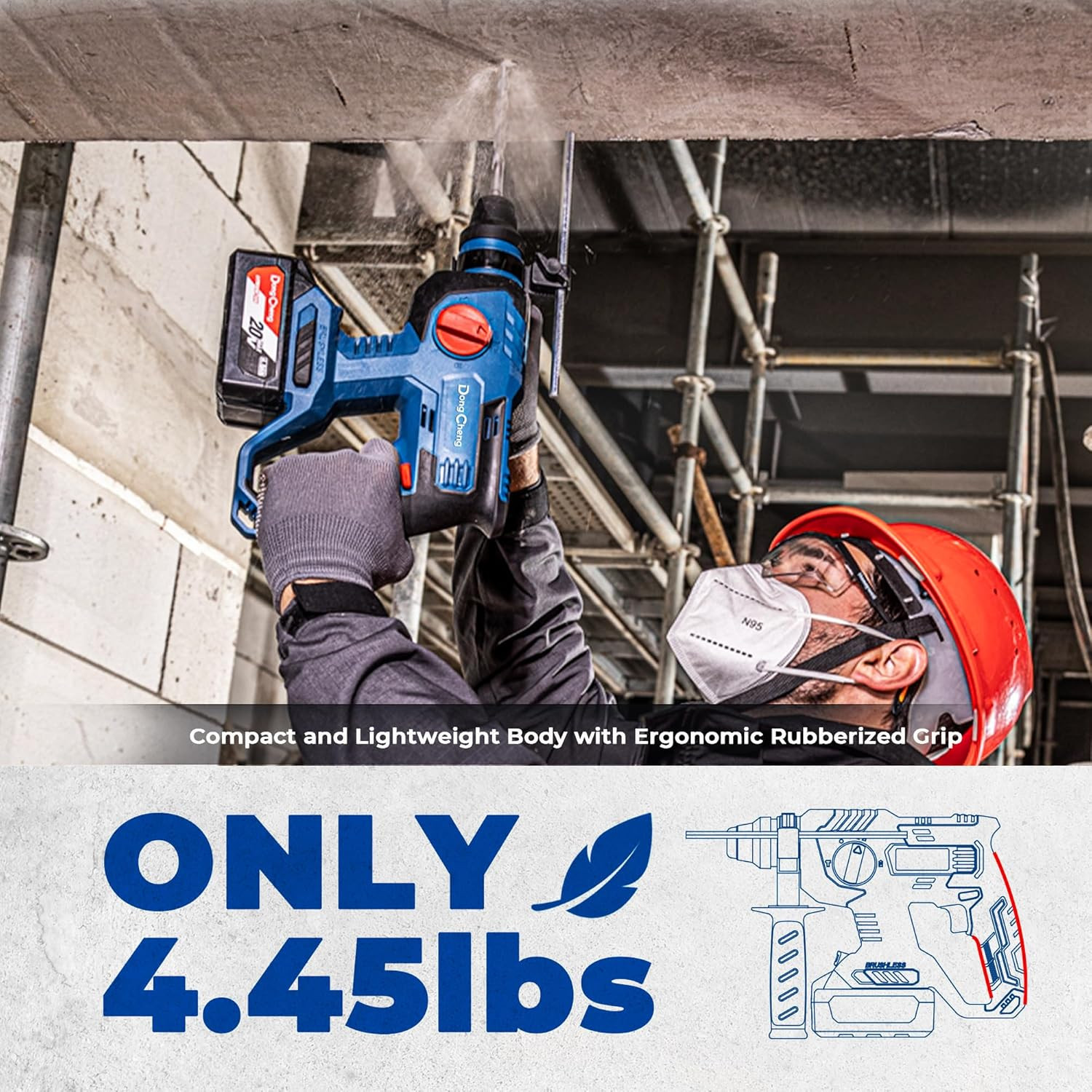 DongCheng 20V Max Brushless Rotary Hammer Drill, 7/8" SDS-Plus, 2.1 J Impact, 4