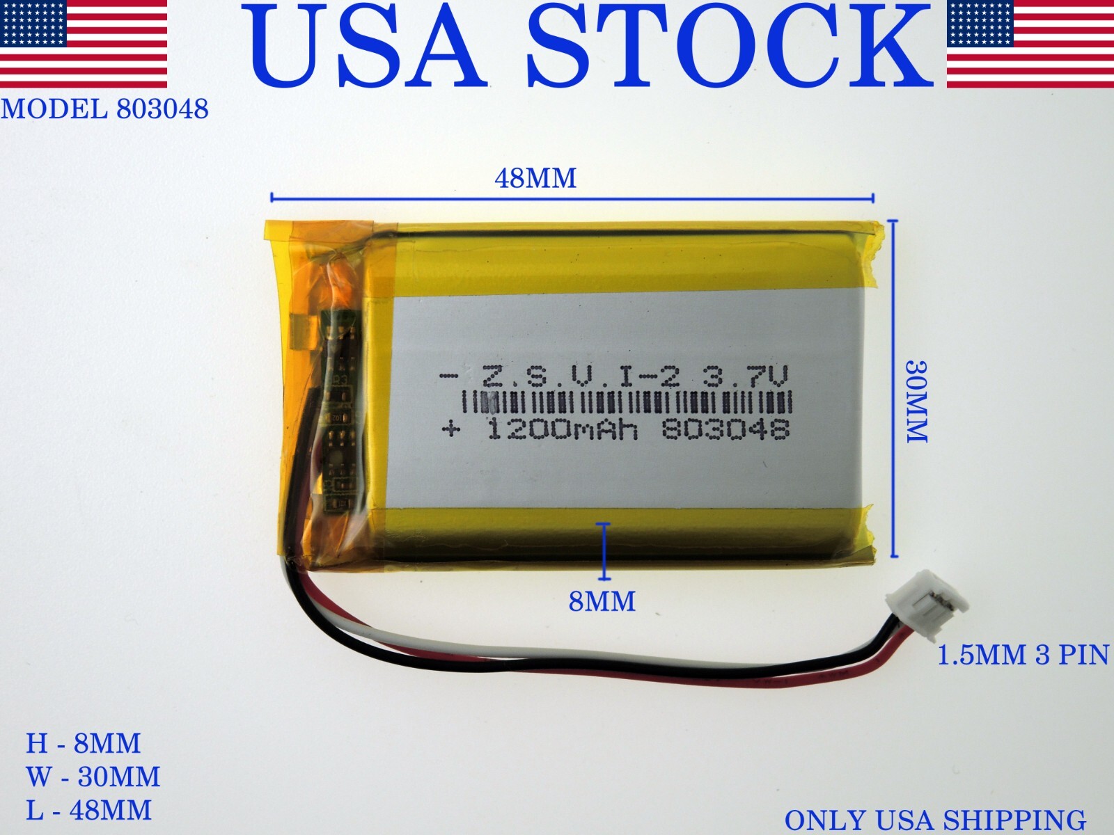 3.7V 1200mAh  803048 1.5 MM 3 PIN Lithium Polymer LiPo Rechargeable Battery