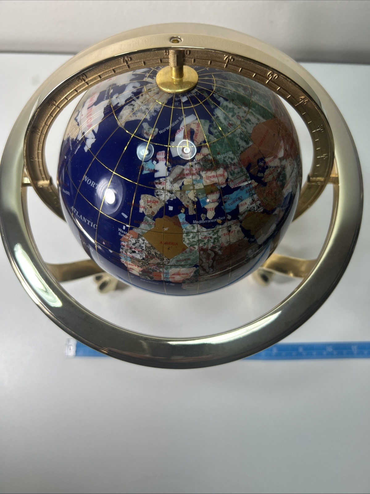Globe Blue Ocean Gold Tone 3 Leg Table Stand Gen MOP World Map GEM STONE