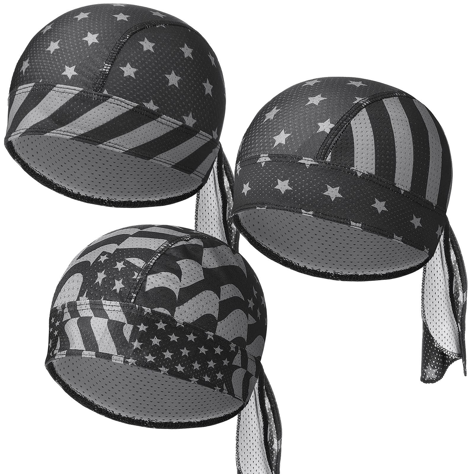 Chuangdi 3 Pcs Do Rags Dew Rag Skull Caps for Medium, Stars and Stripes