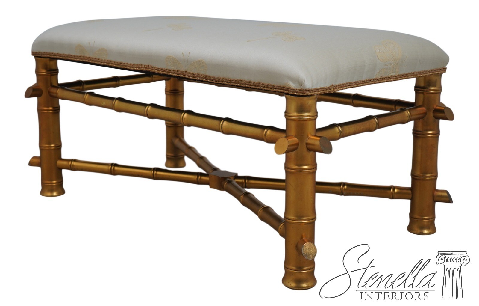 L57727: Decorator Newly Upholstered Gold Bamboo Form Bench
