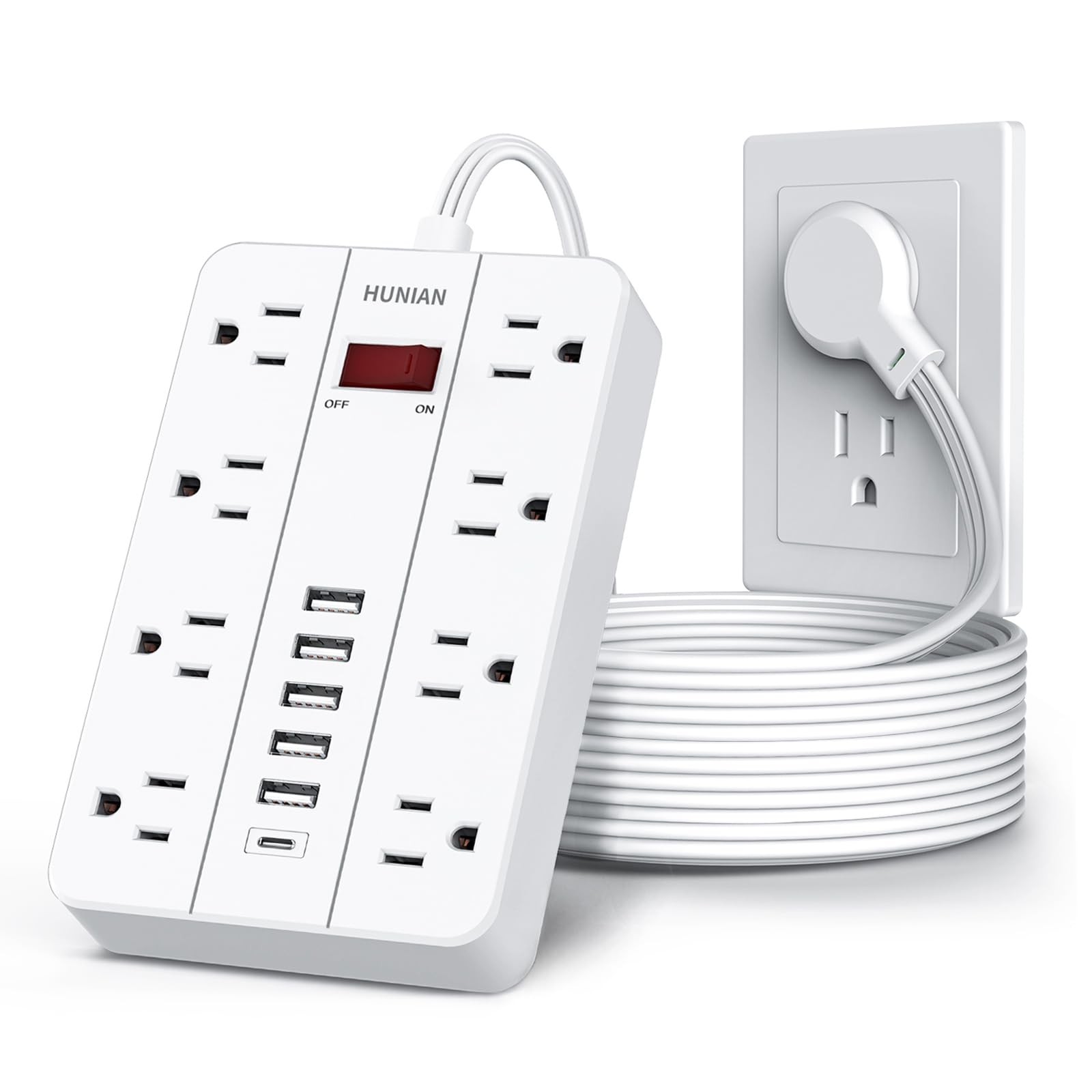 10 Ft Extension Cord Power Strip Flat Plug 8 Outlets 6 USB Wall Mount White