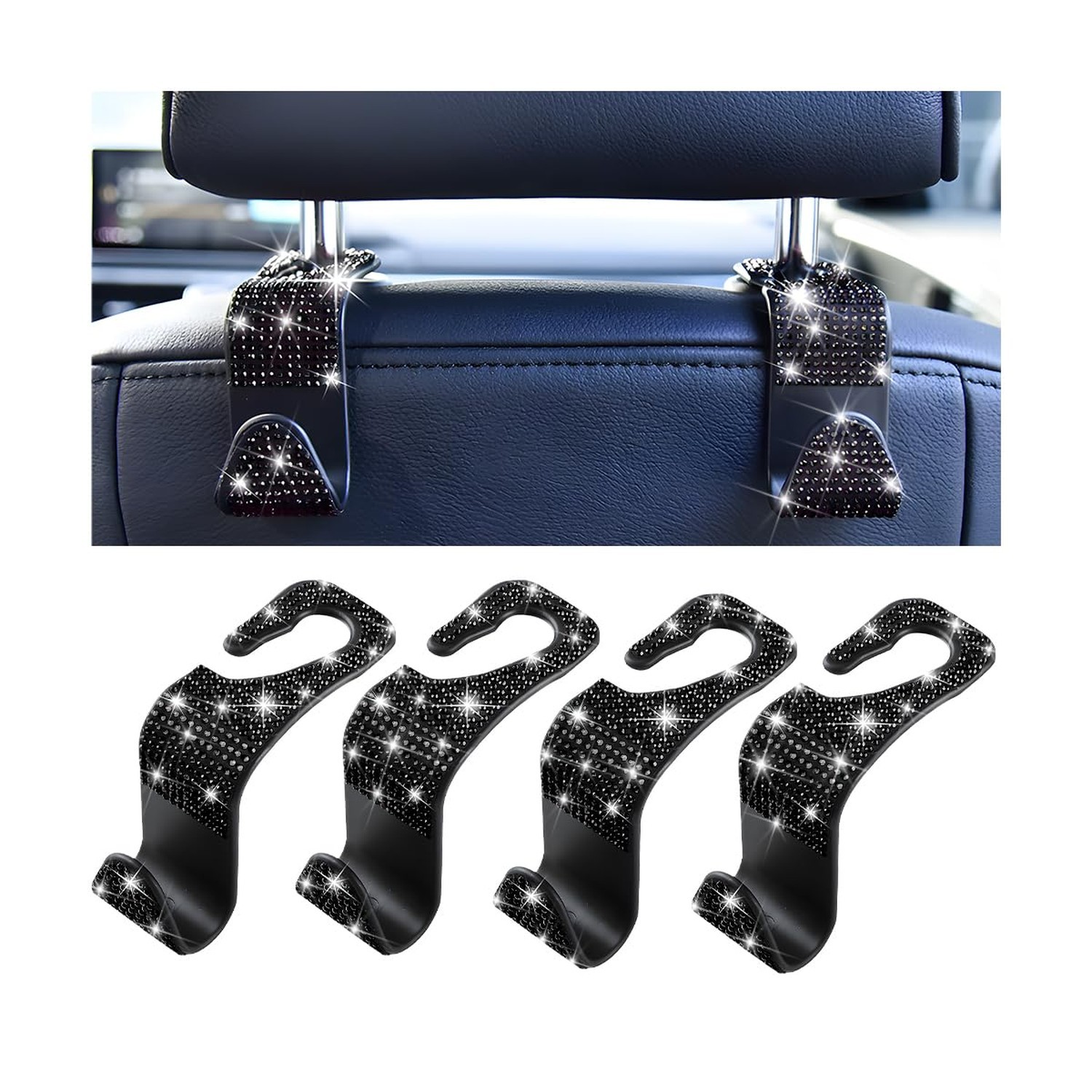 Mandark 4PCS Rhinestone Headrest Hooks for Bags and Umbrellas, Black | ABS co...