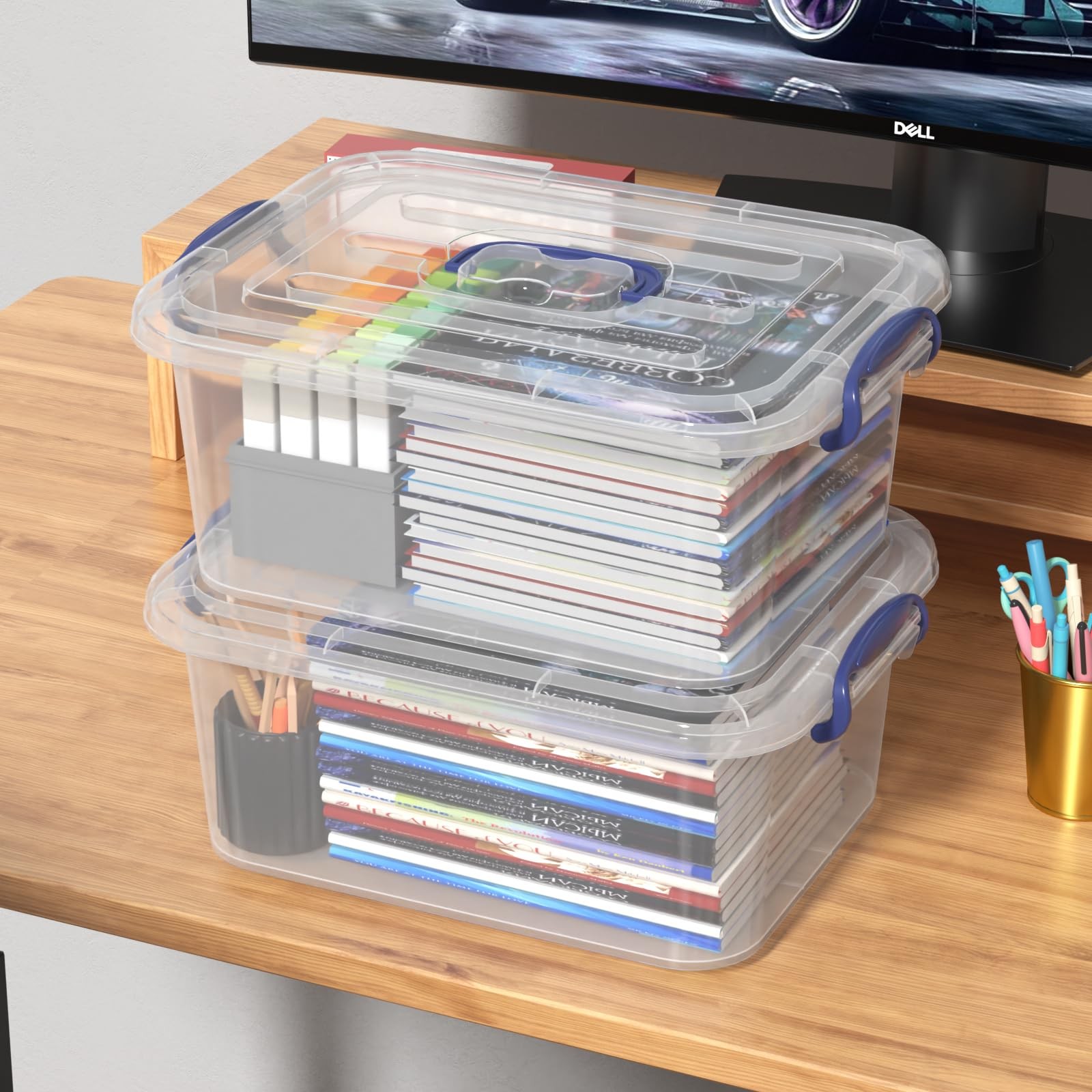 2 PCS 8 Quart Clear Plastic Latching Boxes Handles Storage Tote Lids Organizer