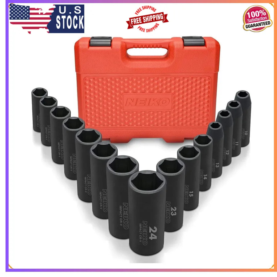Neiko 1/2' Drive Deep Impact Socket Set 15 Piece Metric 10-24mm Cr-V Steel
