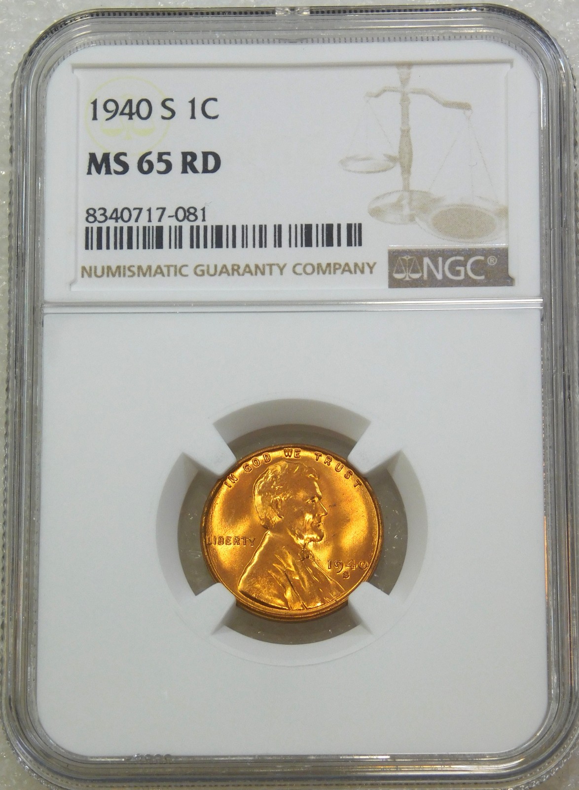 1940-S Lincoln Cent NGC MS65RD Bright Red, PQ Just Graded New Holder #R365Z