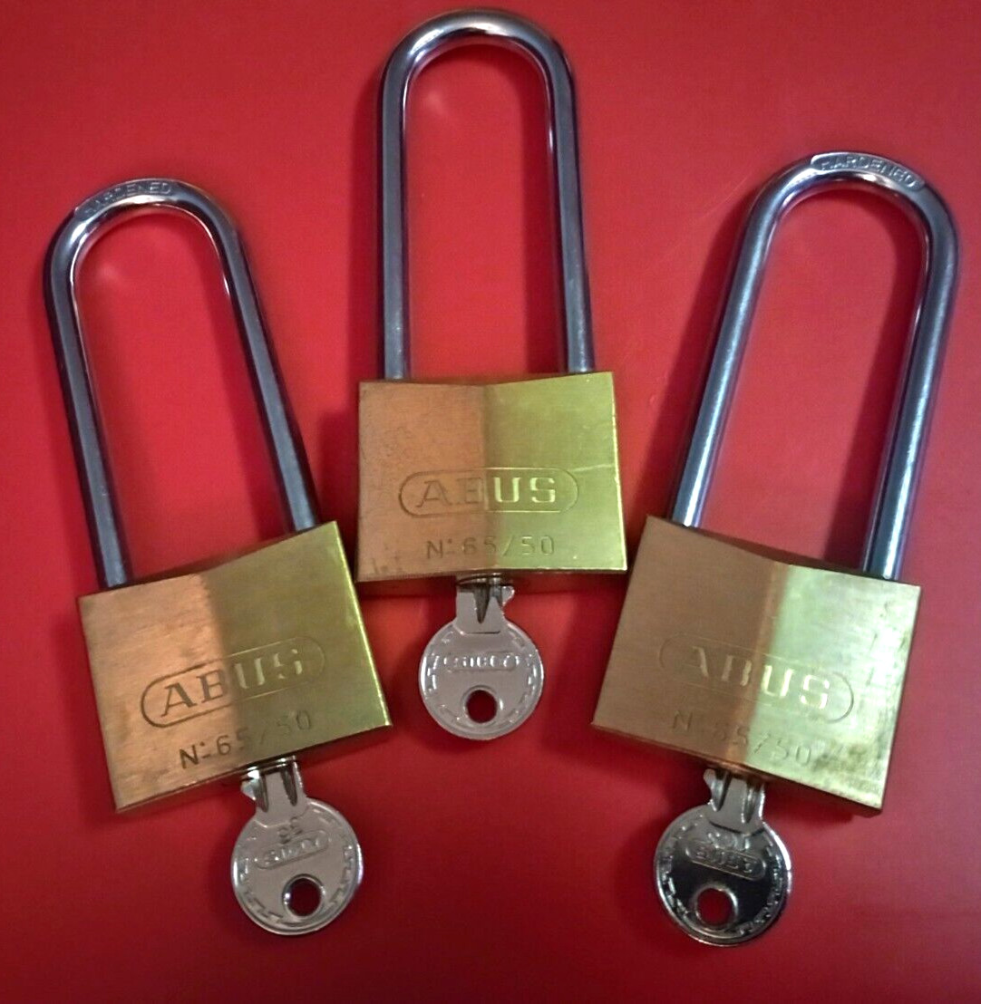 ((( 3 ))) ABUS 65/50 Solid Brass Padlock Hardened Long Shackle w/ 3 Keys LOT