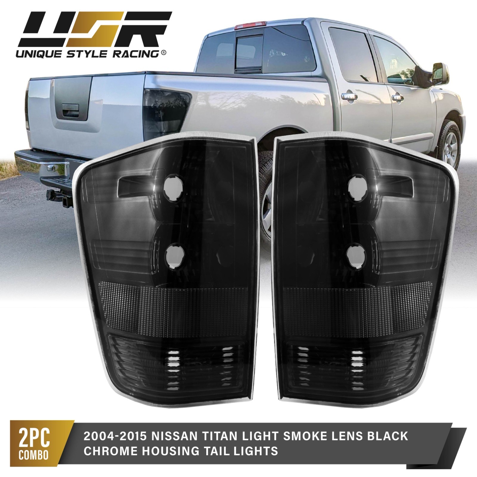 Light Smoke Lens Black Chrome Housing Tail Lights L+R For 04-15 Titan PickUp