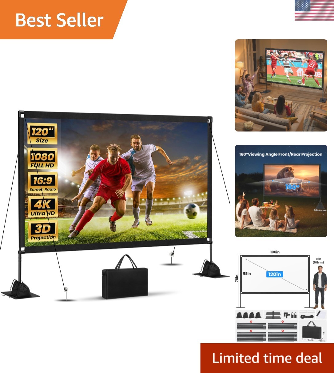Portable 120'' Movie Screen with Ground Stakes & Sandbags for Ultimate Stability