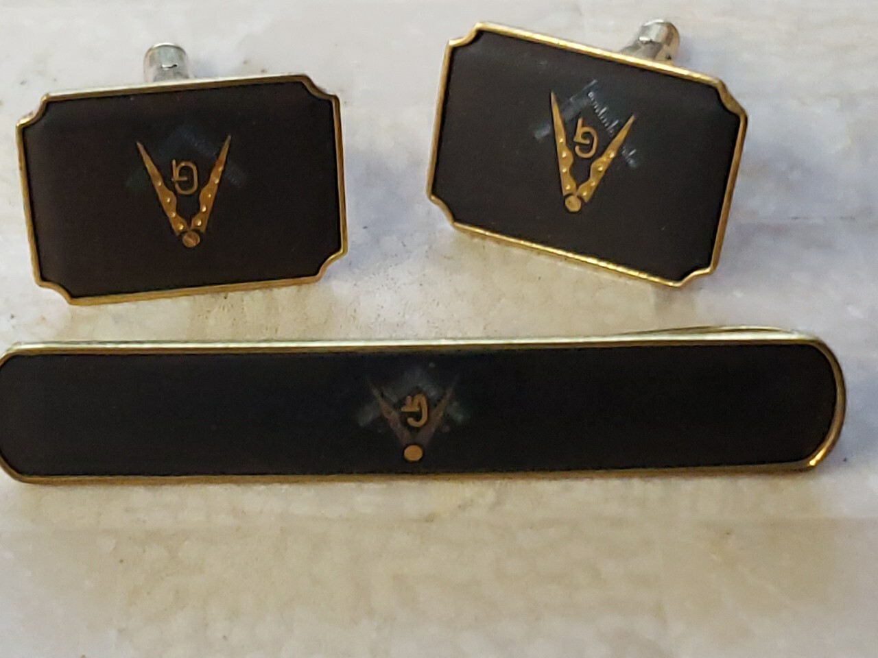 Vtg Damascene Amita Japan Masonic Freemasons Mens Gold Black Cuff Links Tie Clip