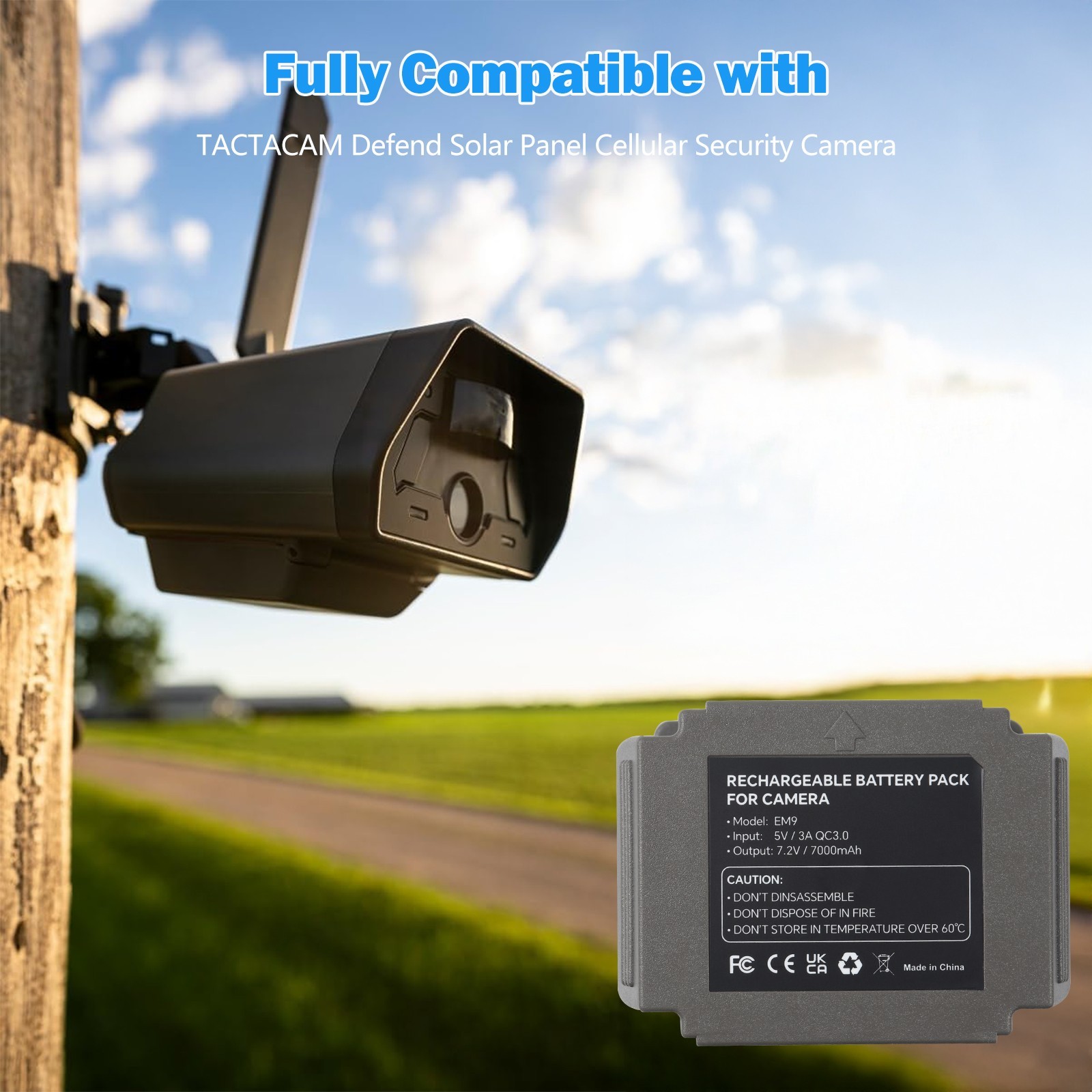 Battery EM9 for TACTACAM Defend Cellular Security Camera w/ USB Charging cable