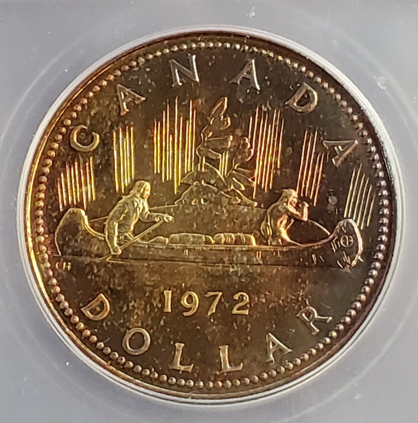 1972 ICG SP68 (PR68) Canada Voyager Canoe DOLLAR $1 PQ RAINBOW TONING REVERSE