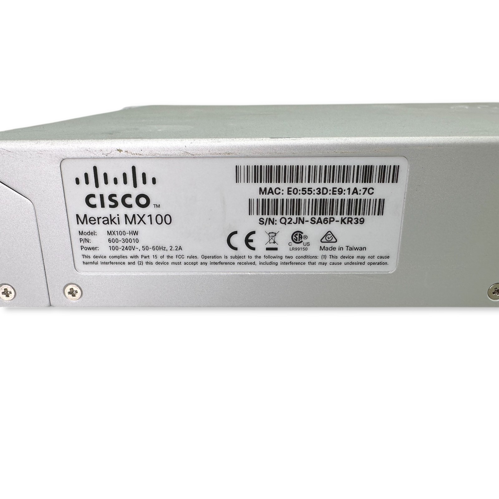 Cisco Meraki MX100 Cloud Managed Security Appliance Firewall MX100-HW