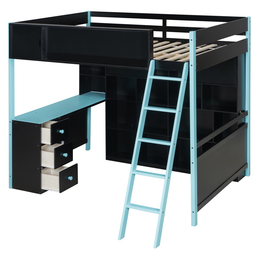 Full Size Wood Loft Bed with Desk, Ample Storage Space and Light Blue Bed Frame