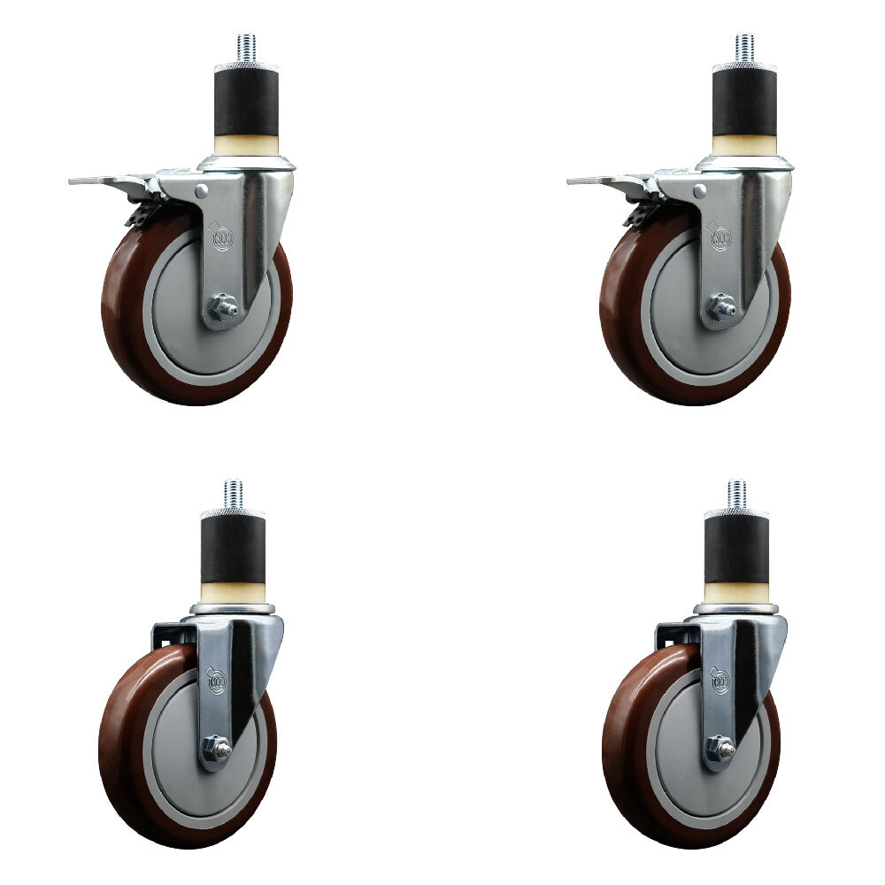 5 Inch Maroon Poly Swivel 1-7/8 Inch Expanding Stem Caster Set 2 Brakes