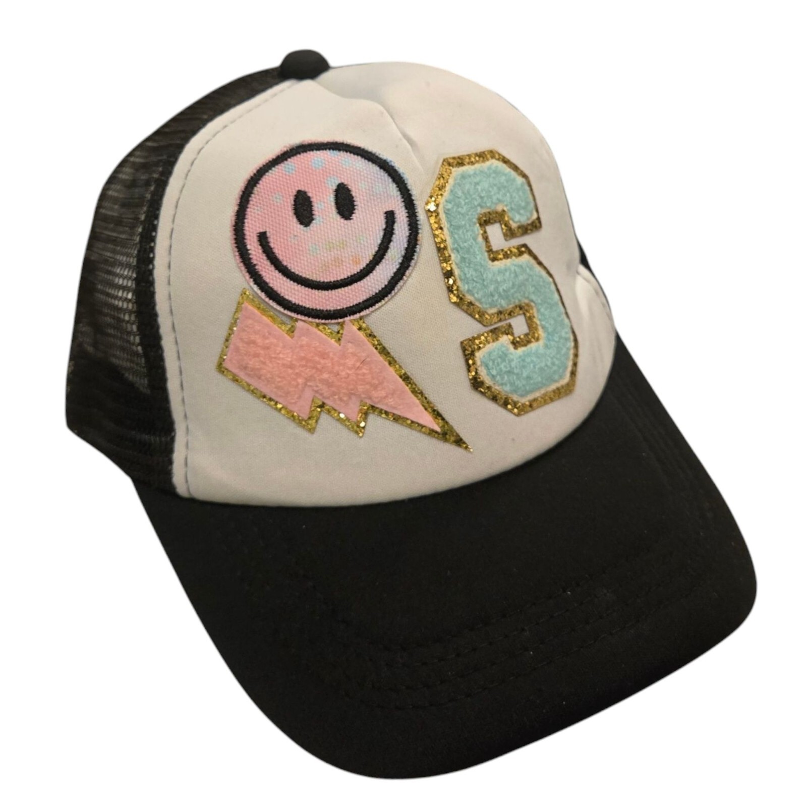 Letter S Trucker Hat Black White Mesh Snapback Smiley Face Lightning Bolt READ