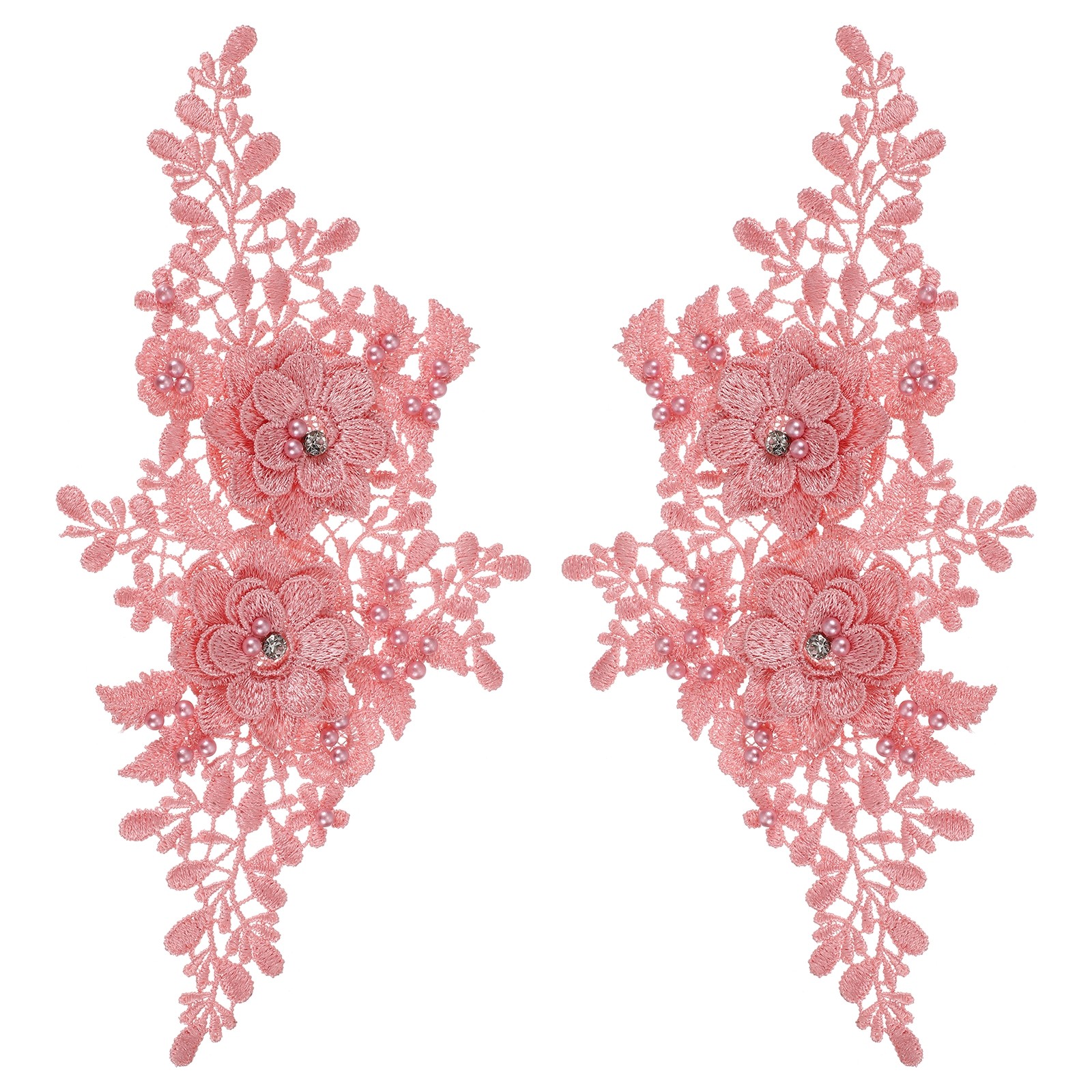 2 Pack 11x5 Inches 3D Flower Lace Applique with Rhinestone for Wedding, Pink