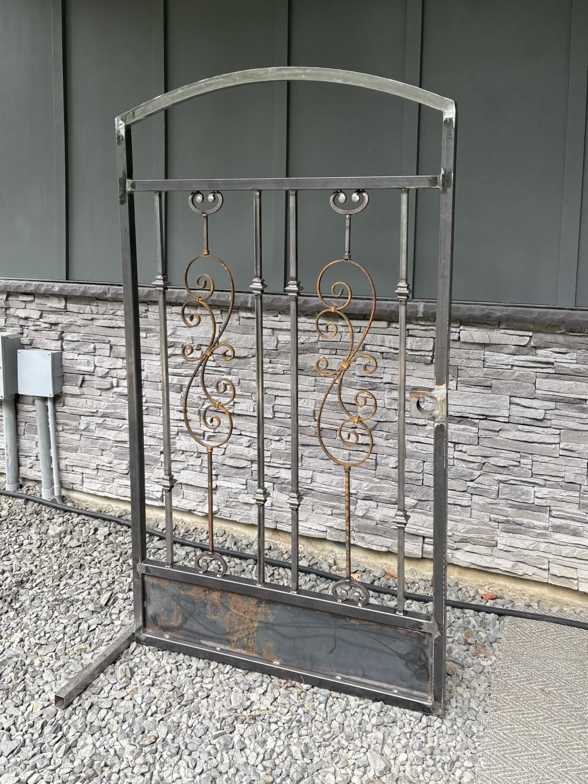 Metal Pedestrian Garden Gate Panel, Curved Top Decorative Scrollwork