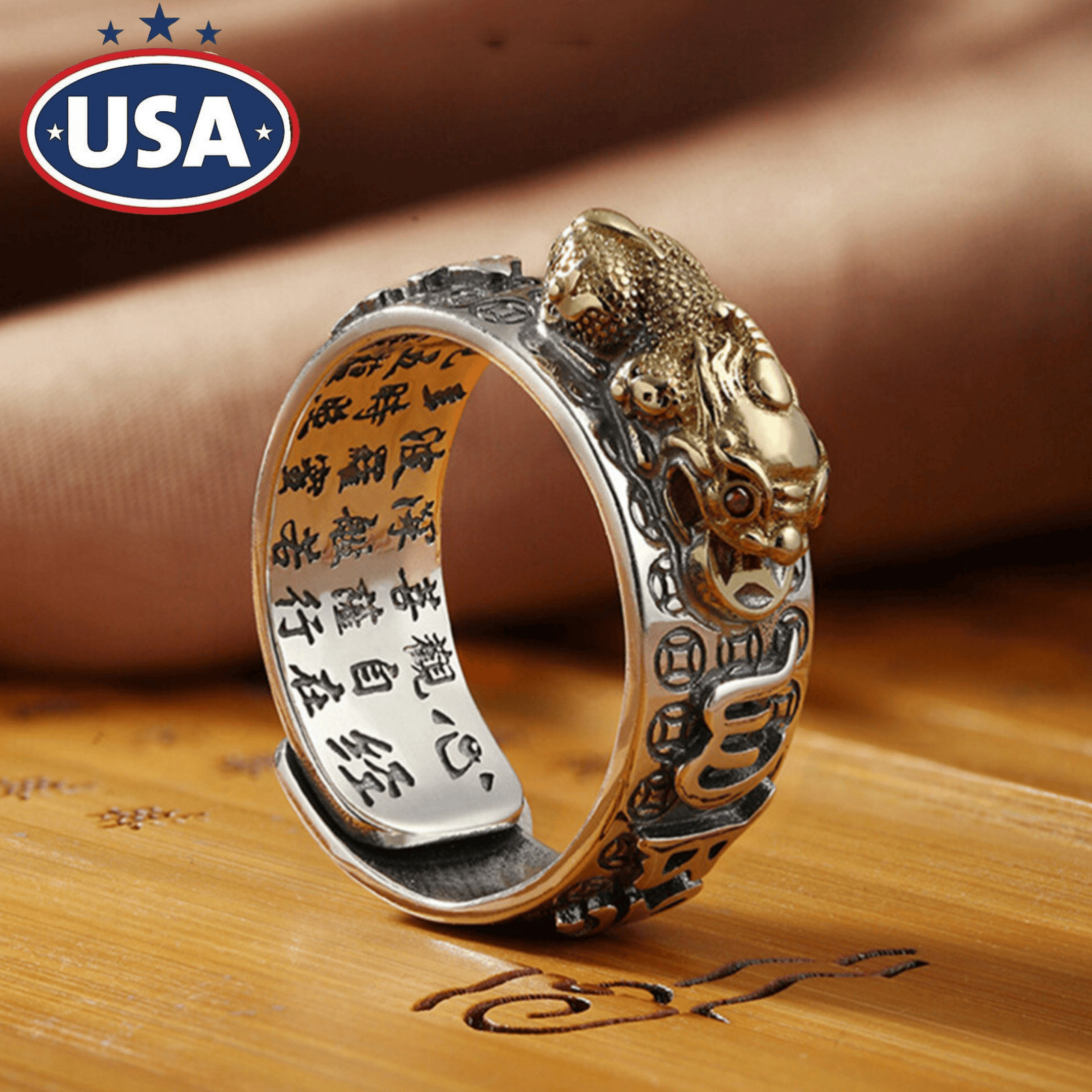 Silver Feng Shui Pixiu Adjustable Ring MANI Mantra Protection Wealth Ring USA