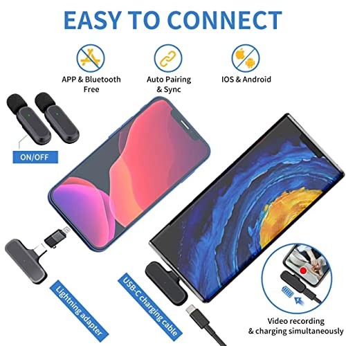 2 Pack Professional Wireless Lavalier Microphone for iPhone iPad Android Black