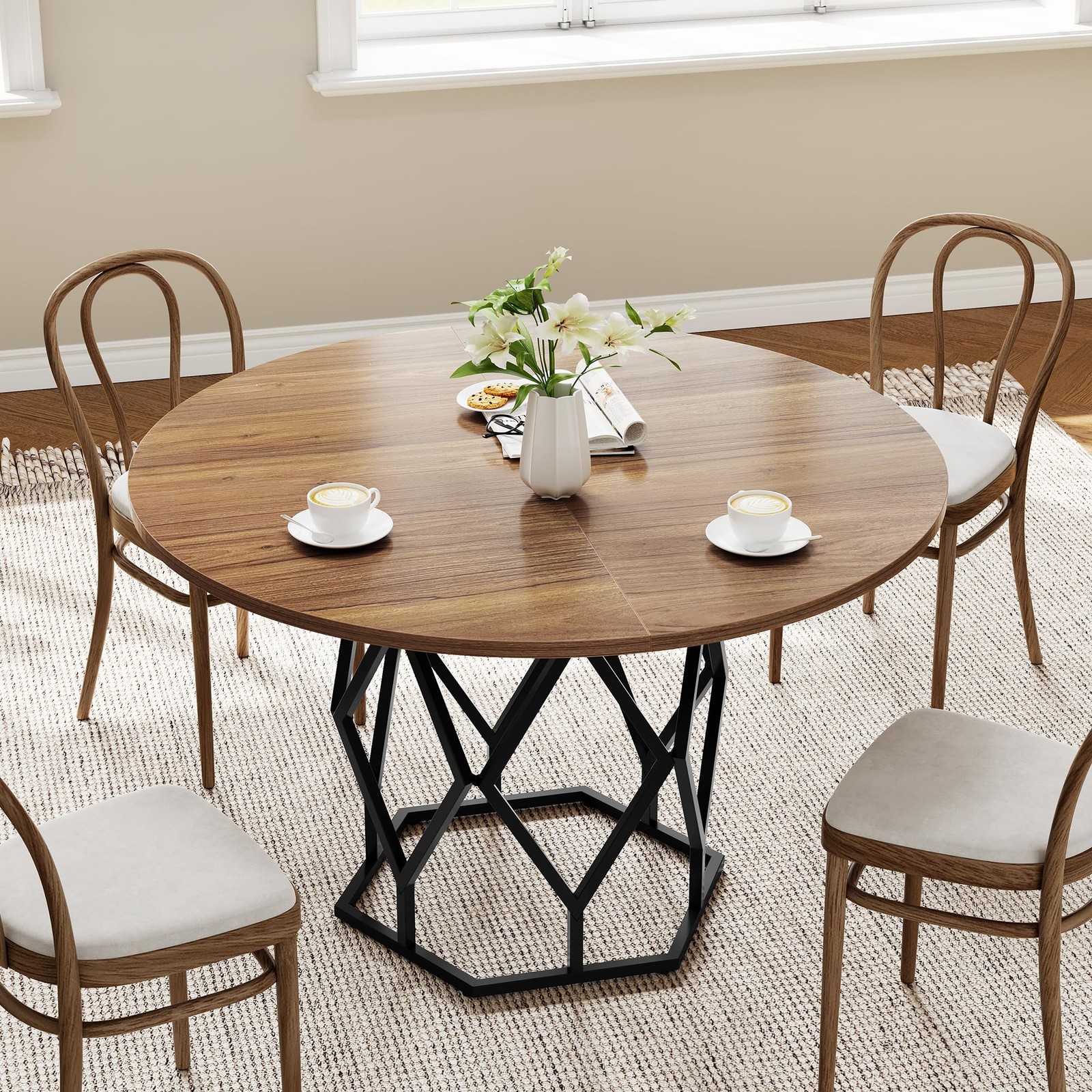 47'' Round Dining Table,Rust-Proof Metal Base, Stable Streamlined Design for 4-6