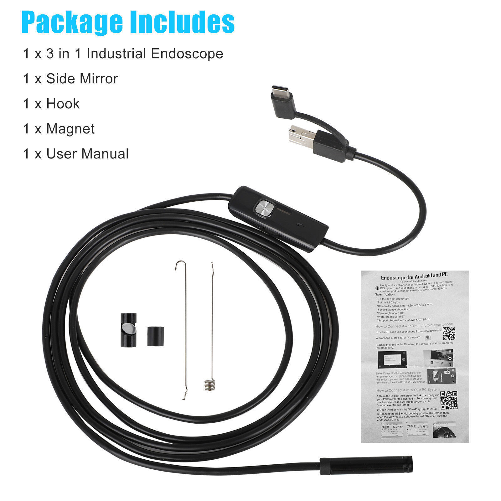 6LED HD Snake Endoscope Borescope Inspection Camera for USB Type C Android PC