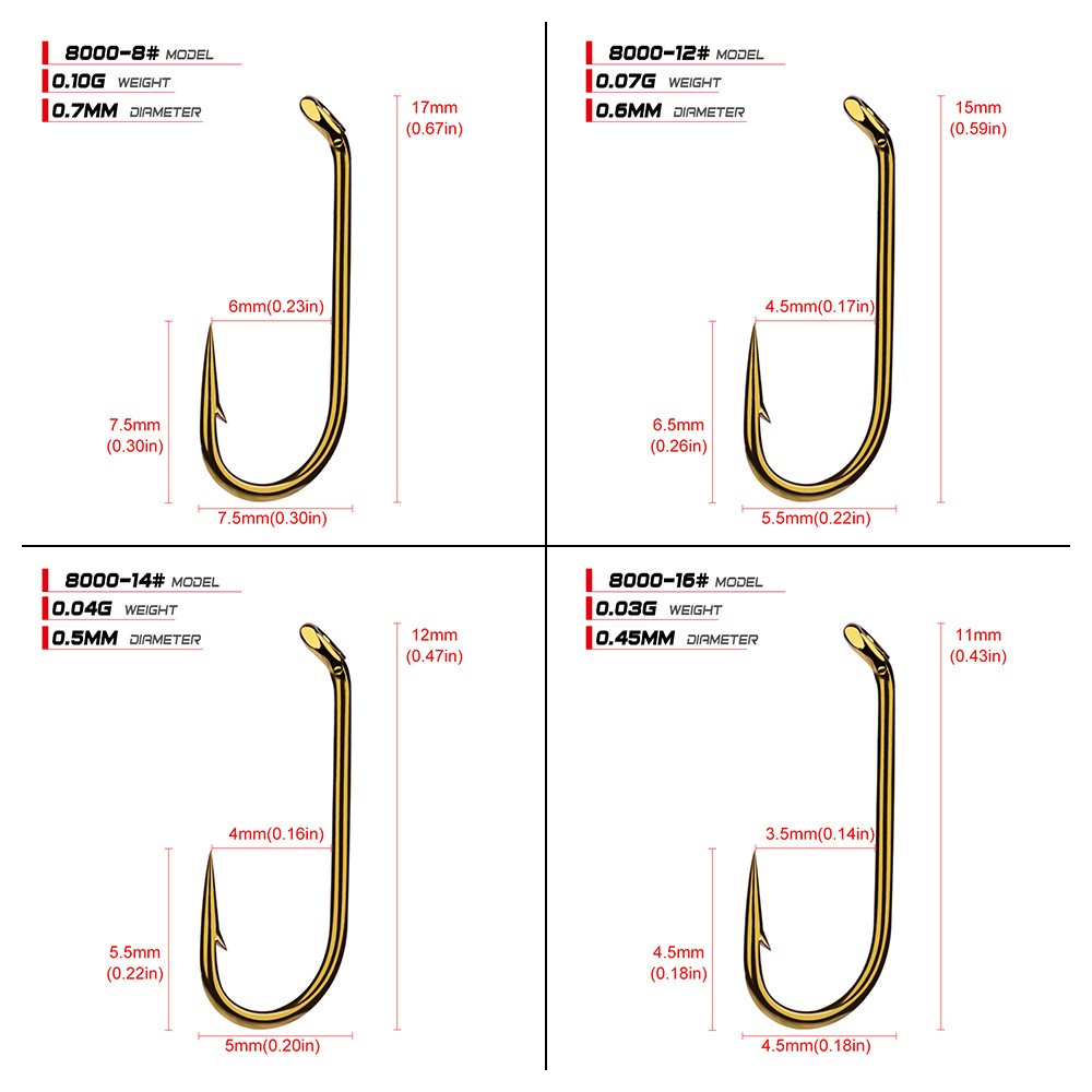 400pcs Flyhooks Fishing Hook Fishhook Golden Single Hook Size 8#/12#/14#/16#