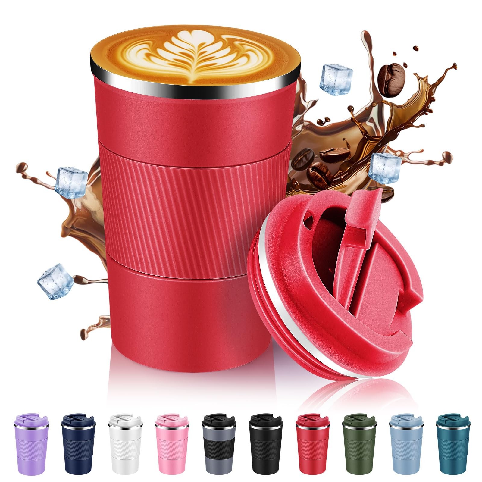Volhoply 13 oz Stainless Steel Insulated Travel Coffee Mug 13 Ounces, Red