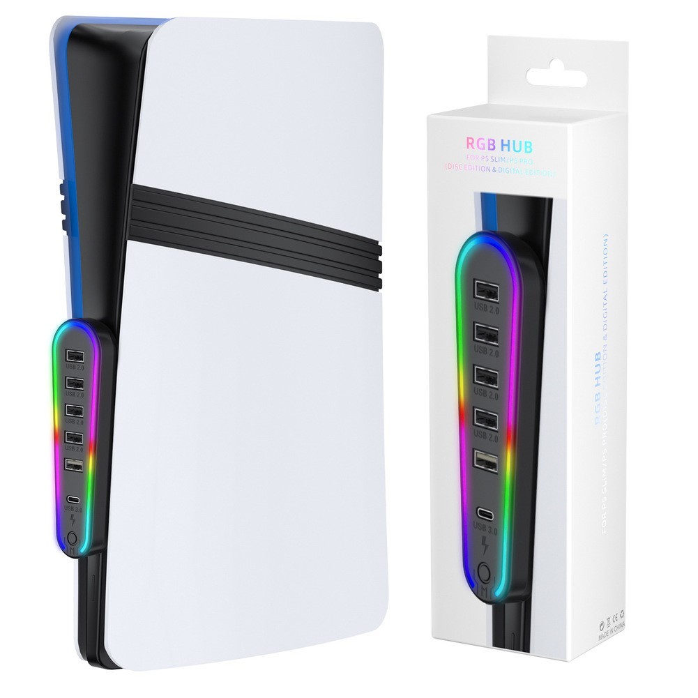 For PS5 Pro Slim USB Hub 6 Ports USB C USB A with RGB Light for Charging Data