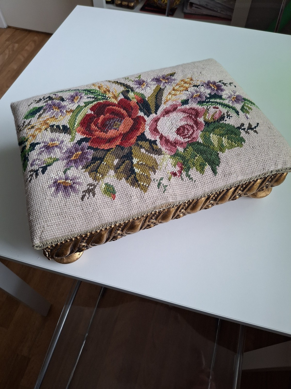 Petit point foot rest gilt foot stool vintage sweden